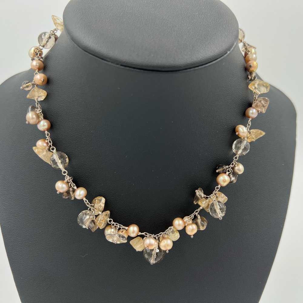 New Sterling Silver 13–15” Choker Necklace w/Smoky Quartz, Citrine & Pearls